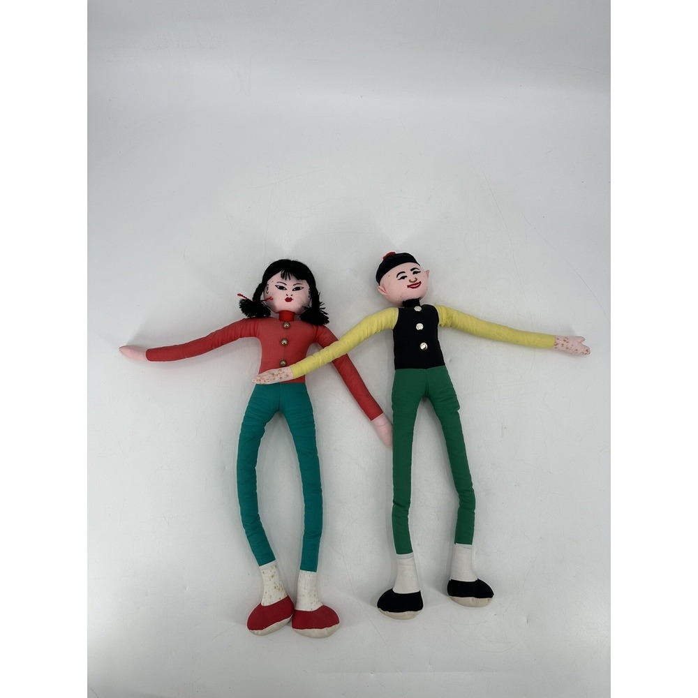 VTG Pair of Sitter Kneeler Dolls Chinese Hong Kong Cloth Girl And Boy Long Limbs